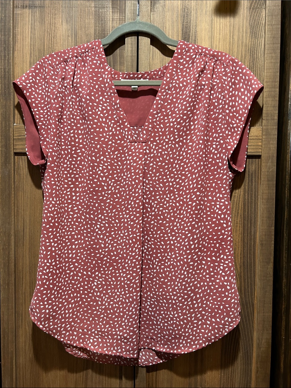fun 2 fun Dusty Rose V-Neck Blouse with White Dot Print